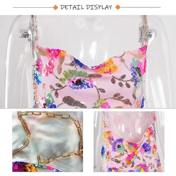 NWT gold chain strap sequin mini sheath dress square S M L pale pink multicolor - Picture 7 of 15